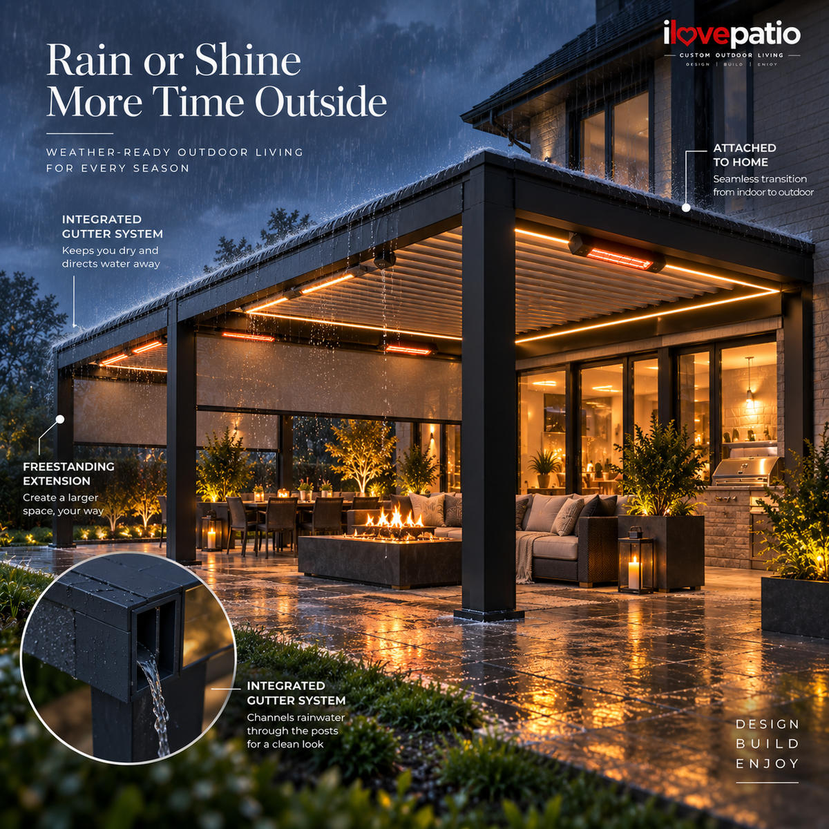 Motorized Louvered Pergola - Custom Sized, Aluminum Adjustable Roof